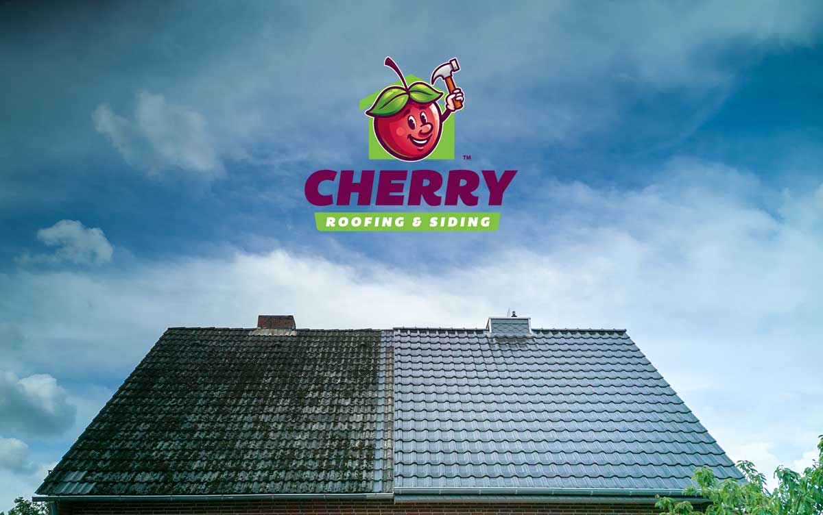 The Cherry Siding & Roofing logo over a house with one half updated shingles and one half old ones
